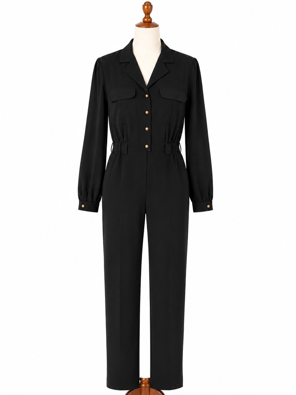 Vintage Black Long-Sleeve Button Front Jumpsuit